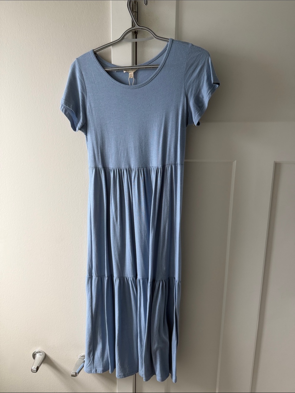 See You Monday Light Blue Short Sleeve Tiered Midi Dress